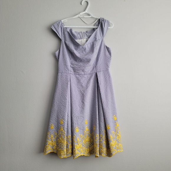 Nicole Miller Studio Embroidered Cotton Dress - Blue Pinstripe, Sunny Yellow Tri - Picture 1 of 3
